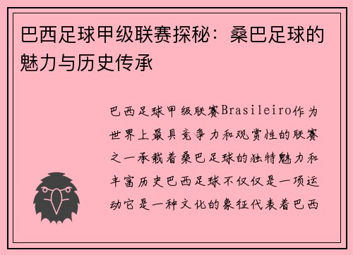 巴西足球甲级联赛探秘：桑巴足球的魅力与历史传承
