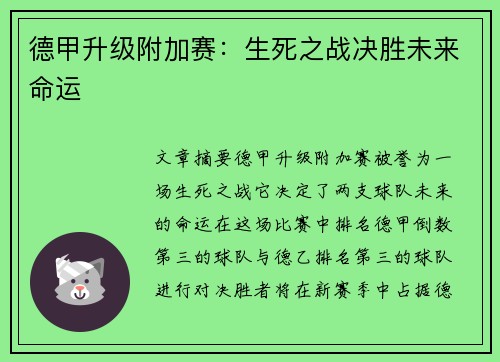 德甲升级附加赛：生死之战决胜未来命运